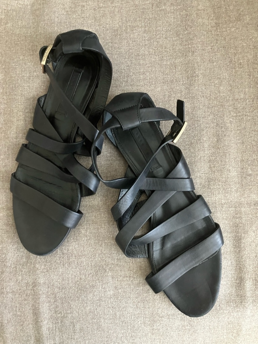 Hugo Boss Black Multi-Strap Leather Sandals with Gold Buckle